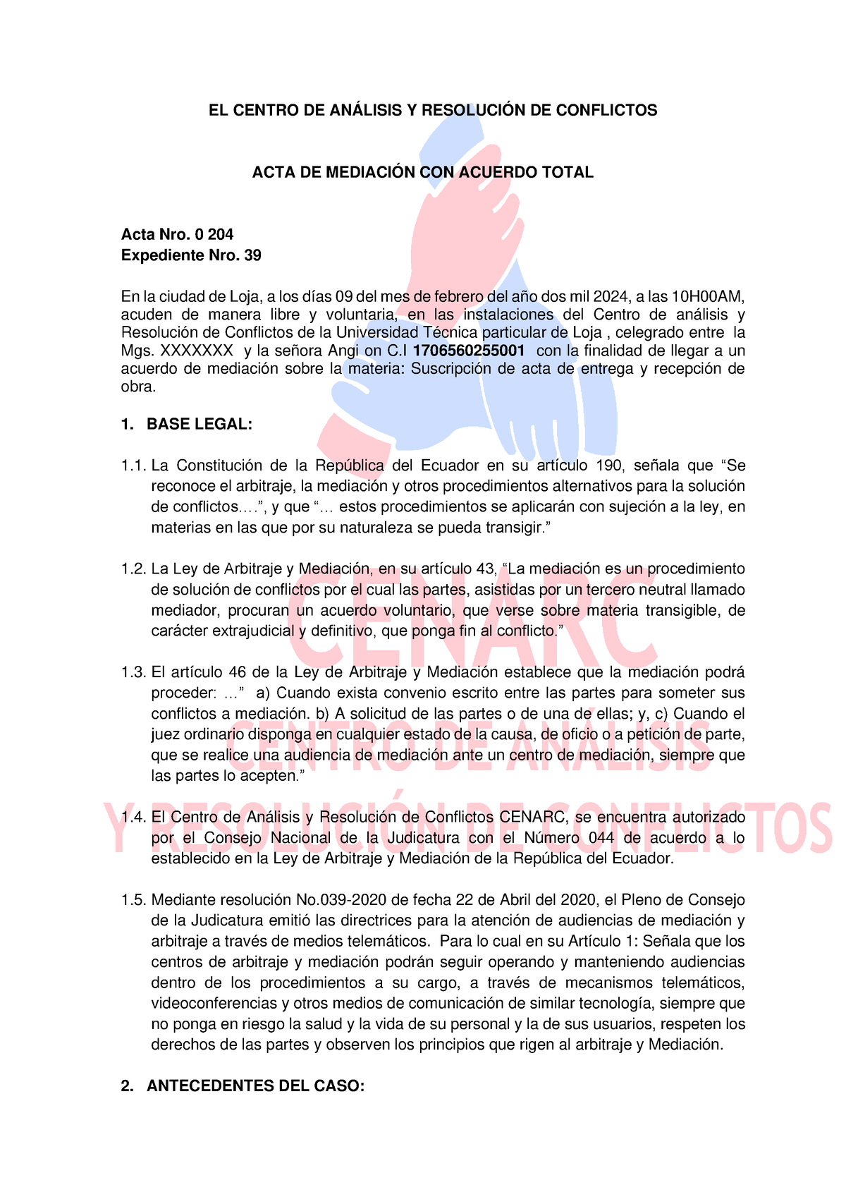 Acta De Mediaci N Modelo El Centro De An Lisis Y Resoluci N De Conflictos Acta De