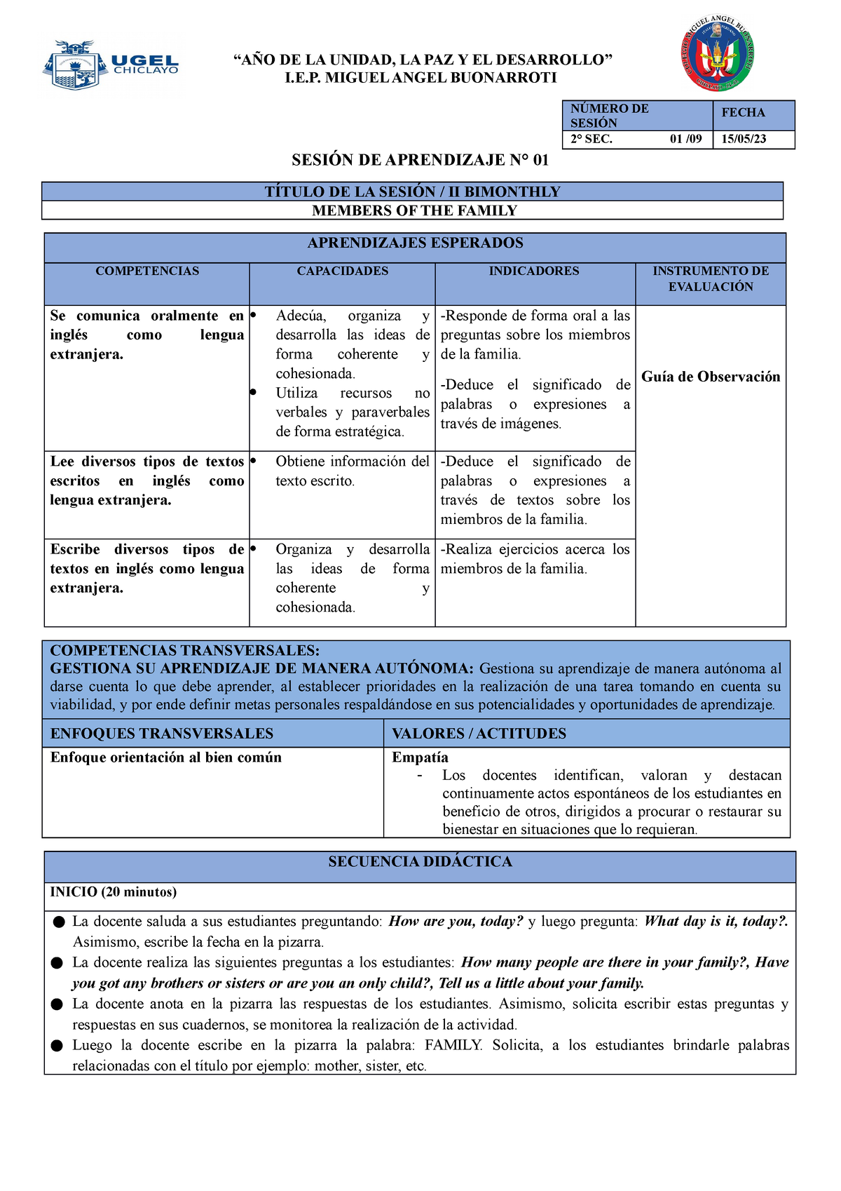 II Bimonthly Sesión DE Aprendizaje 2° SEC 1 Members OF Family - “AÑO DE ...