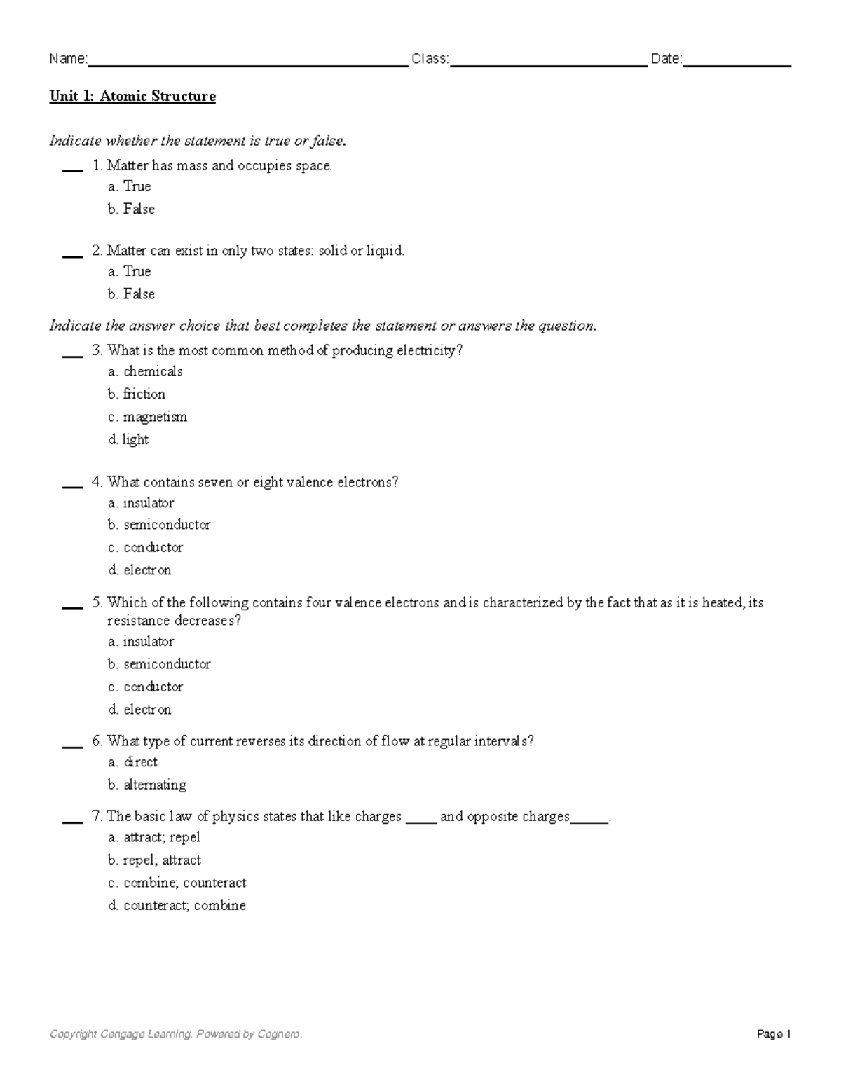 Unit 1 Atomic Structure - Indicate whether the statement is true or ...