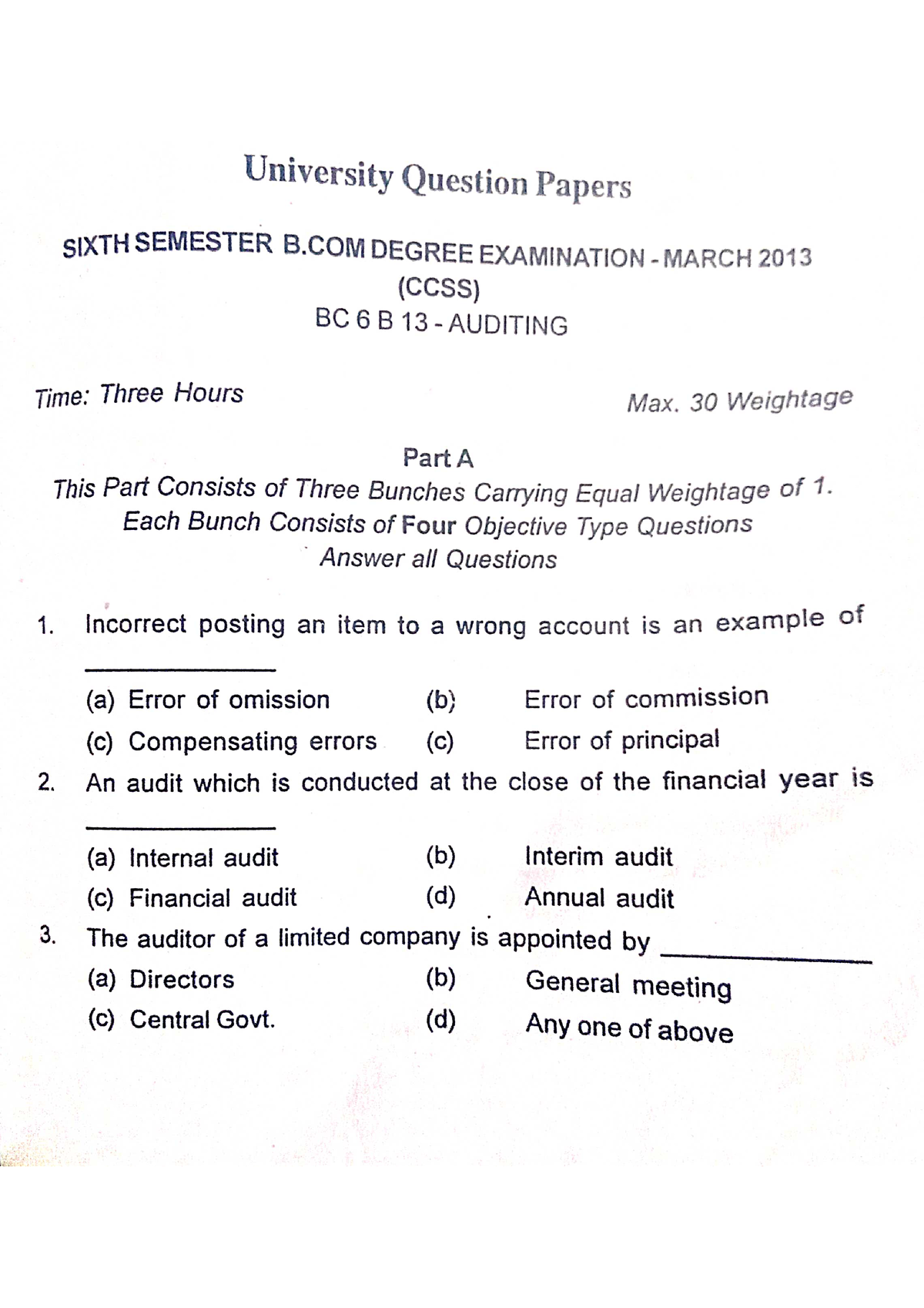 value education 6th sem b.com question paper