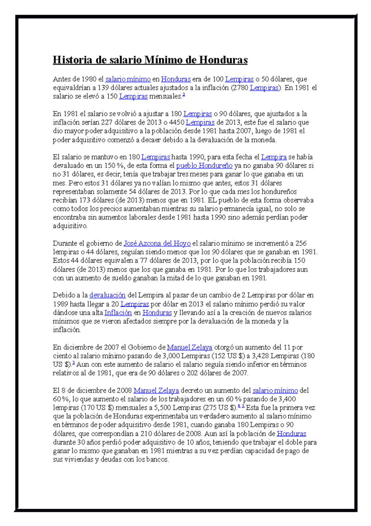 Historia De Salario Minimo De Honduras Historia De Salario