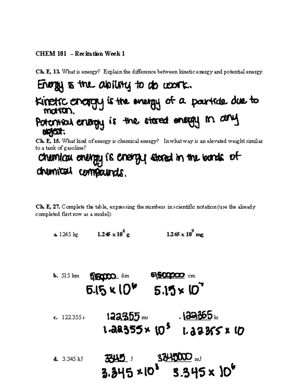 CHEM 101 Recitation Week 1 - CHEM 101 – Recitation Week 1 Ch. E, 13 ...