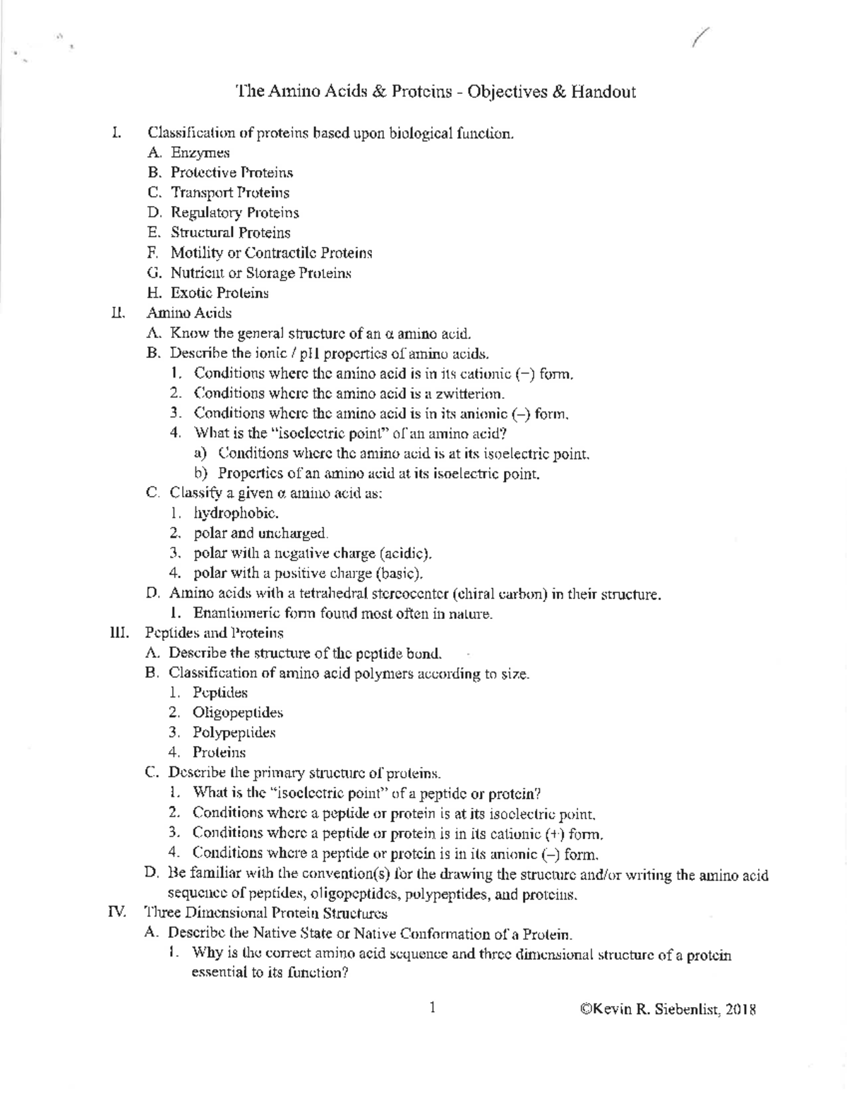 Amino Acids and Proteins - objectives and handout - II. III. IV. The ...
