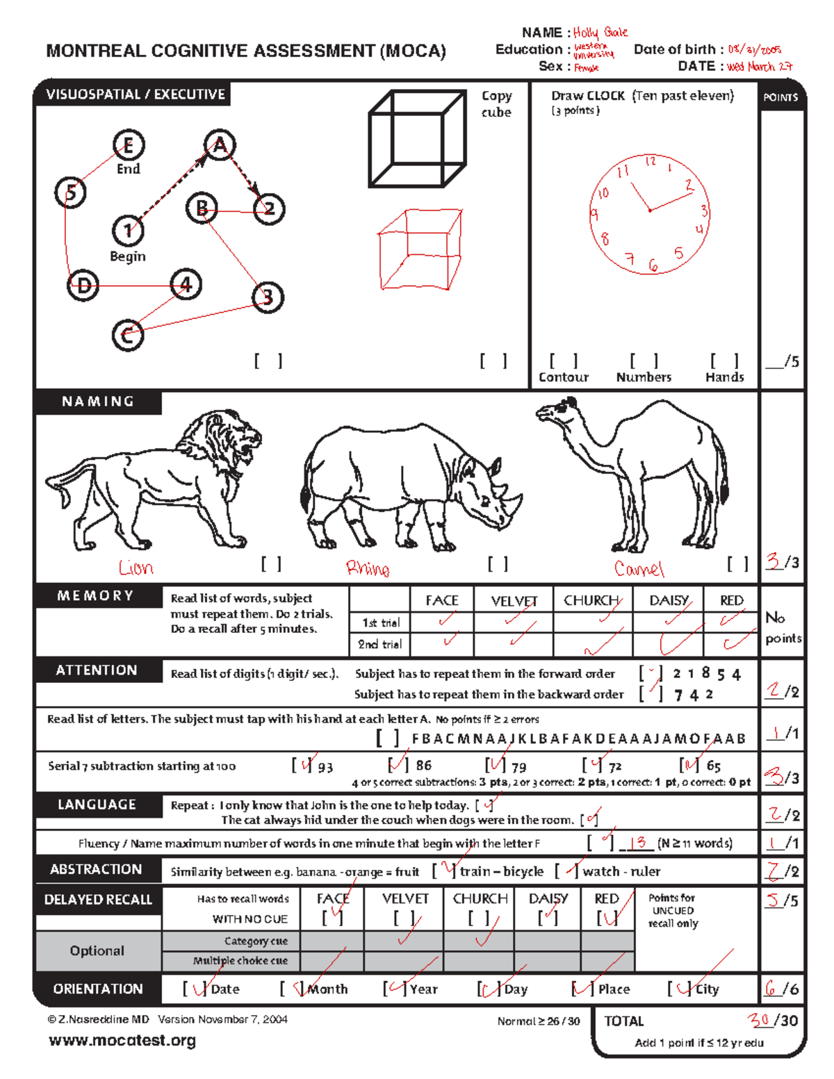 MOCA-Test-English - moca test - ####### POINTS TOTAL M E M O R Y N A M ...