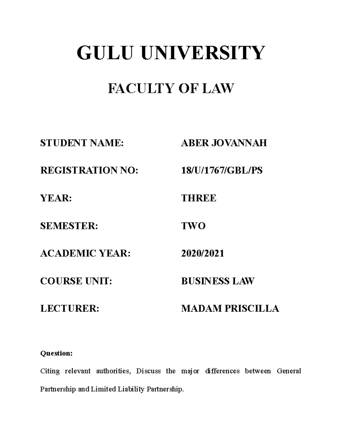 Business LAW - lecture notes - GULU UNIVERSITY FACULTY OF LAW STUDENT ...