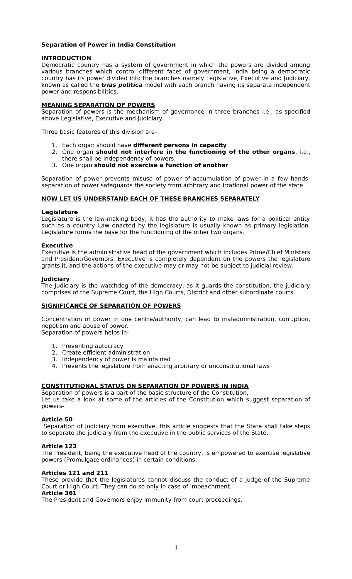 Separation OF Power IN Indian Constitutionseparation of Power in India ...