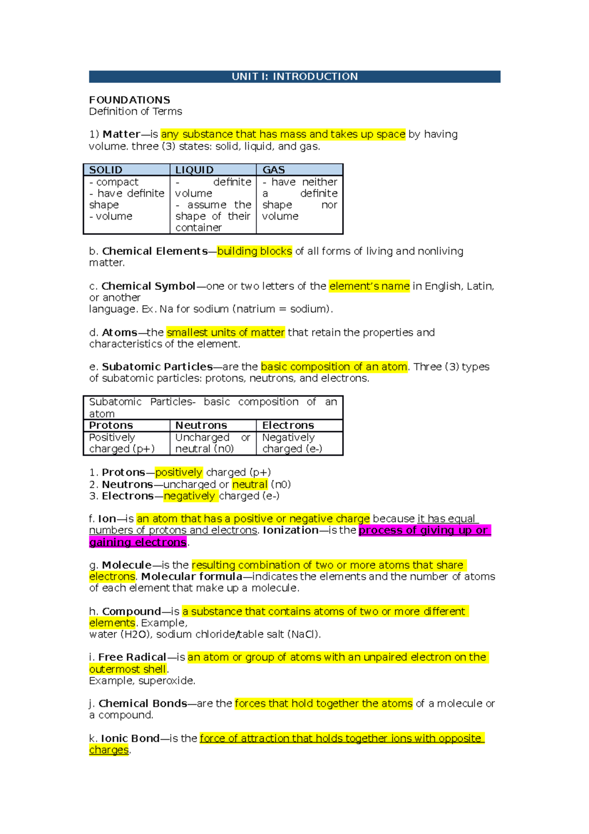 Biochemistry definition of terms reviewer UNIT I INTRODUCTION