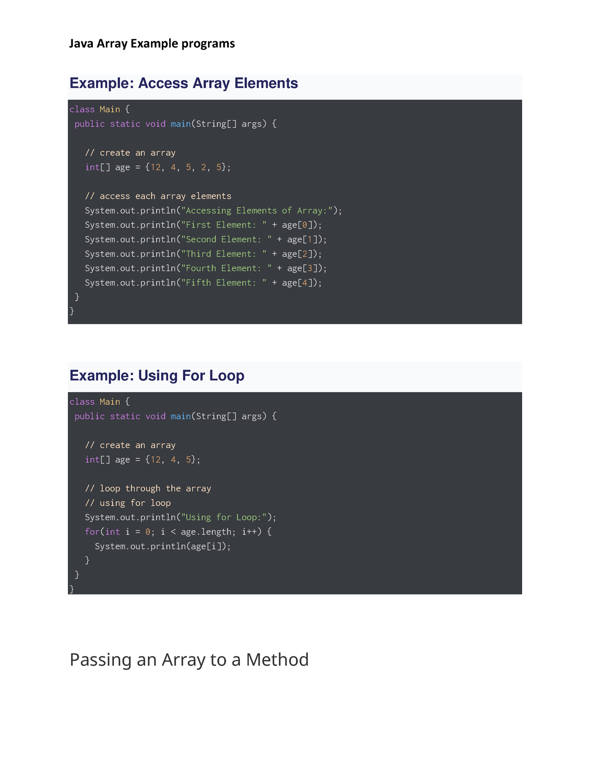 Java Arrays Examples - Out("Accessing Elements Of Array:"); System.out ...