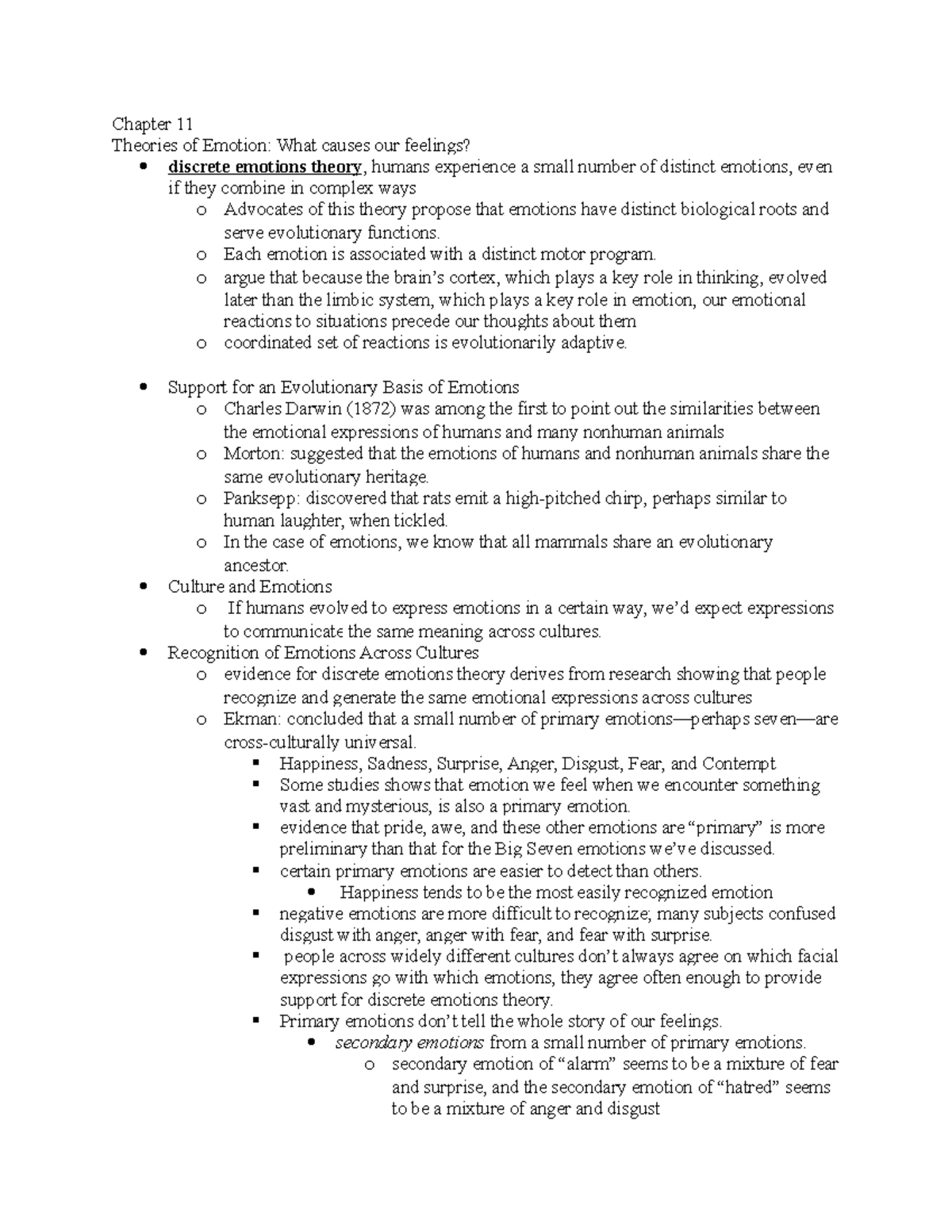 Chapter 11 - Notes - Chapter 11 Theories of Emotion: What causes our ...