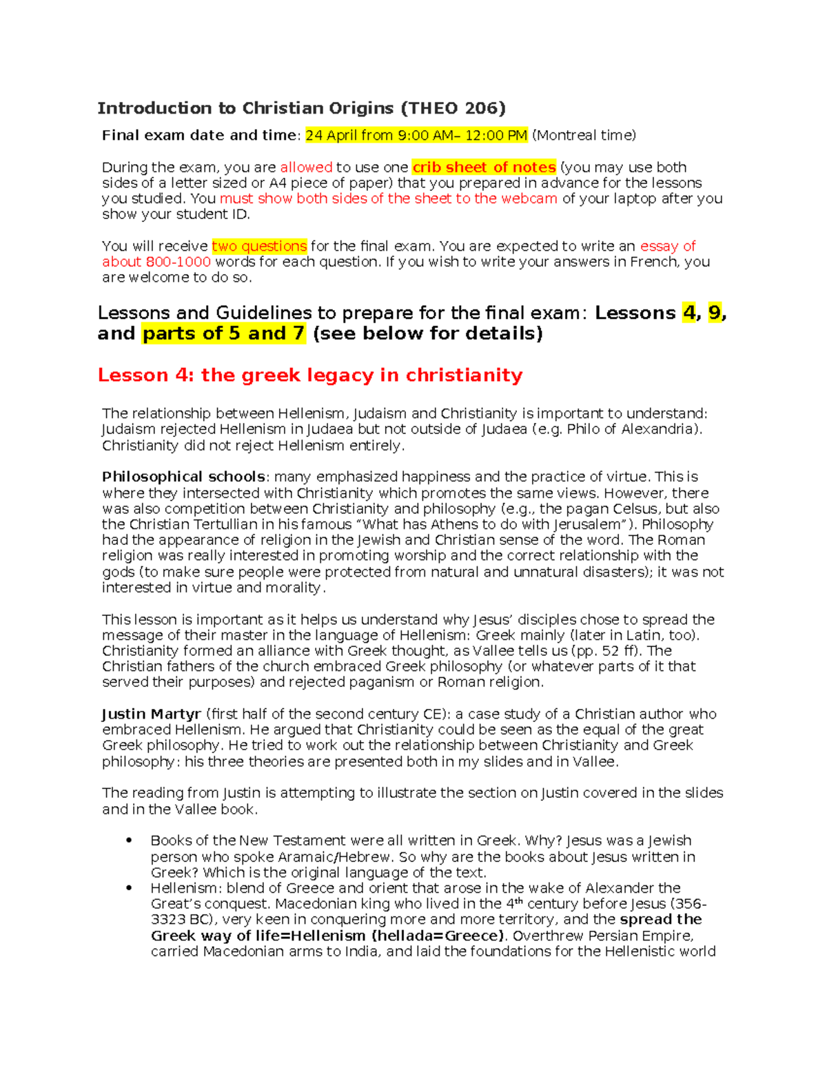 Theo study guide - Introduction to Christian Origins (THEO 206) Final ...