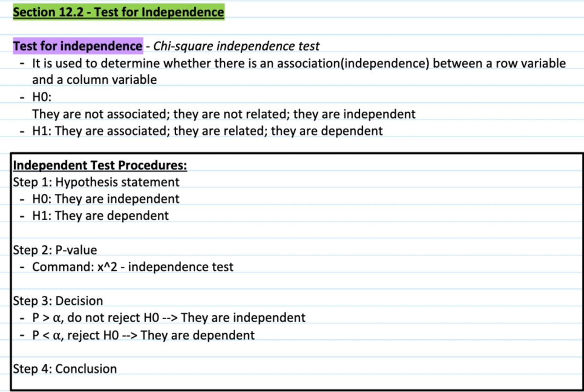 Math Section 12.2 Notes - Section 12 Test for Independence Test for ...