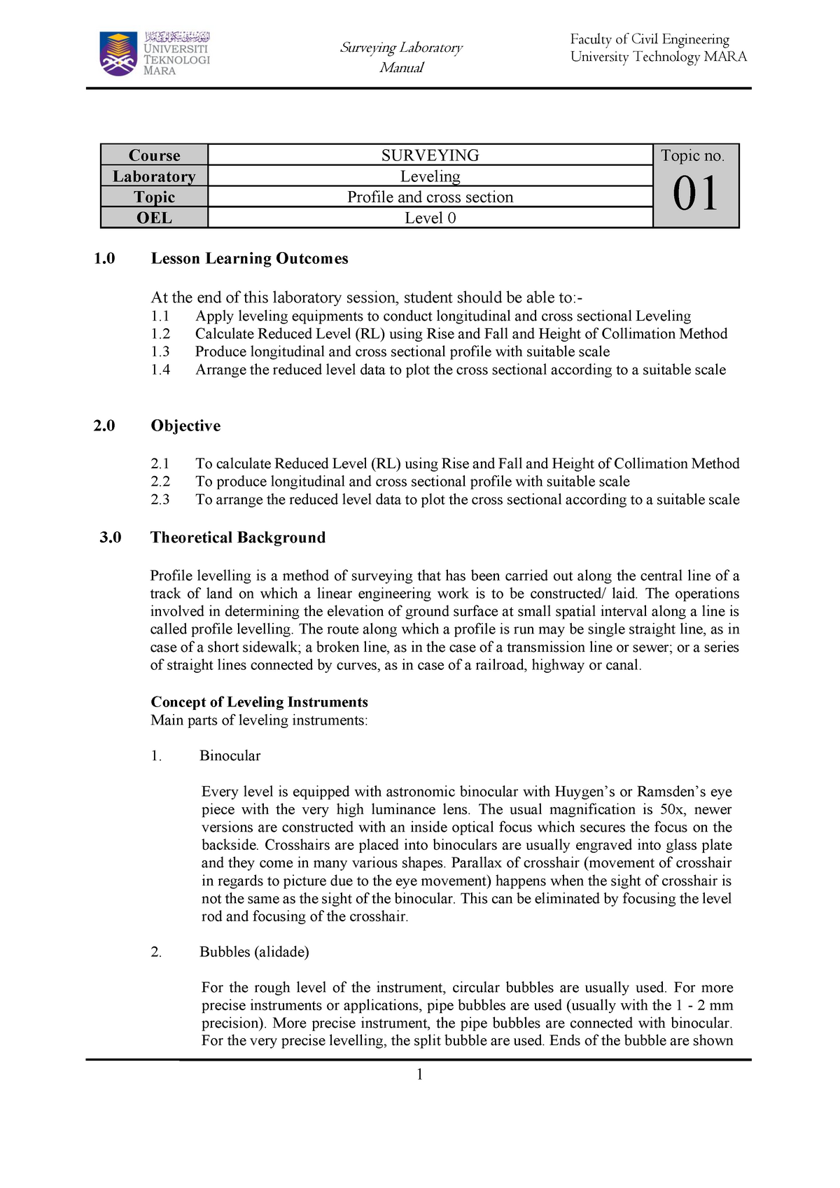 Lab 1 - leveling manual report - Surveying Laboratory Manual University ...