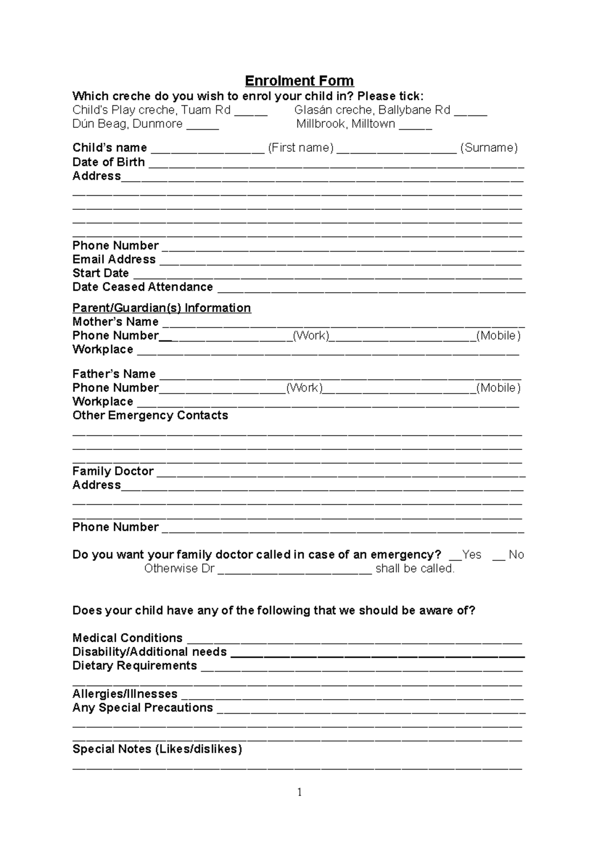 Online enrolment form - Enrolment Form Which creche do you wish to ...
