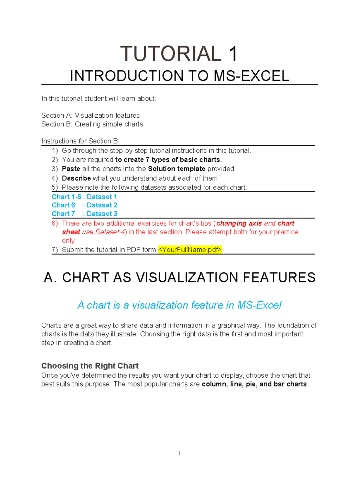 1 Tutorial 1 DATA Visualisation Using MS Excel - TUTORIAL 1 ...