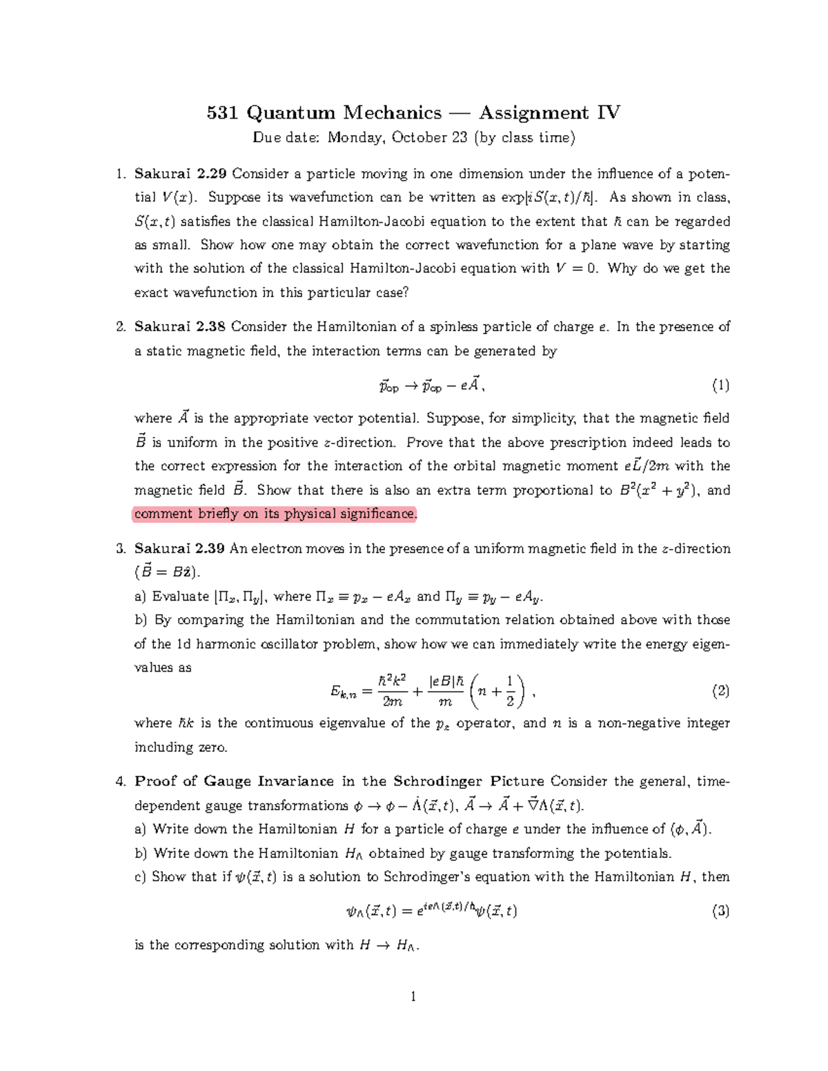 assignment on quantum mechanics