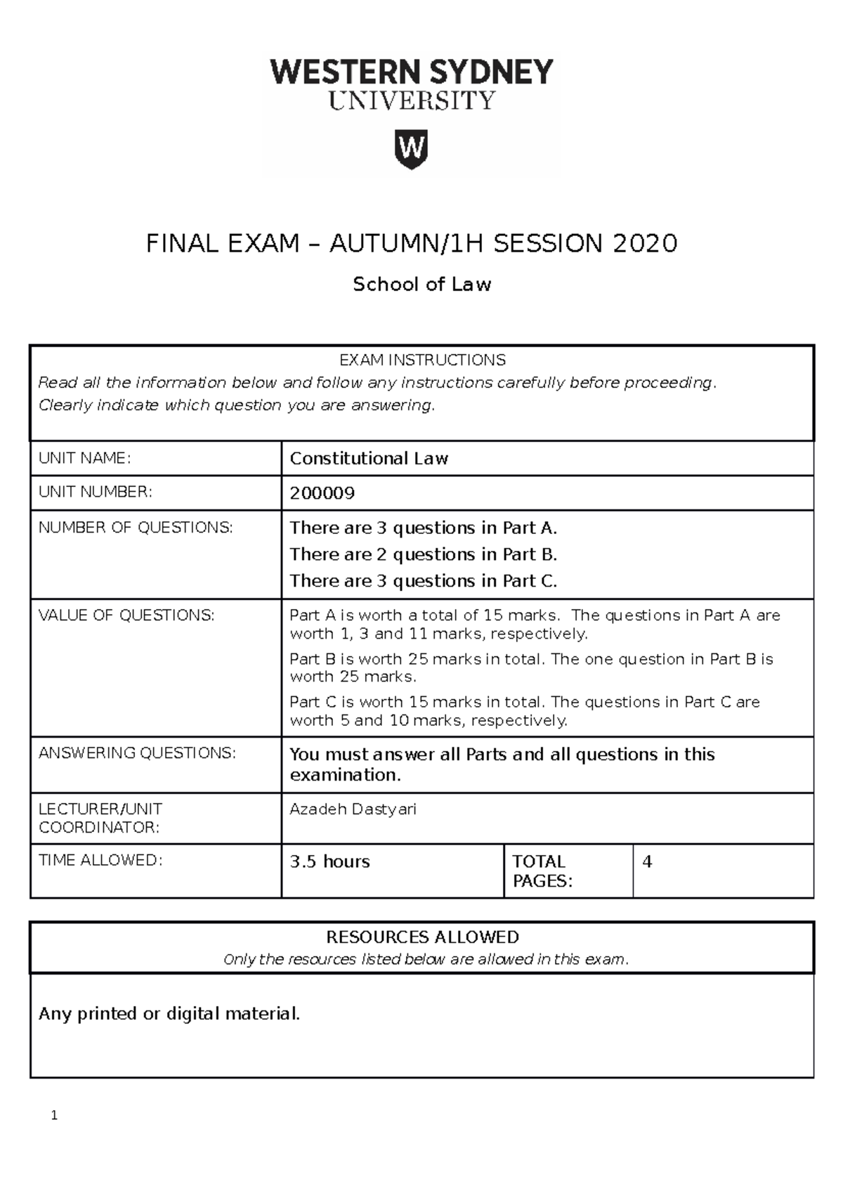 Final Exam 2020 Questions FINAL EXAM AUTUMN 1H SESSION 2020 School 