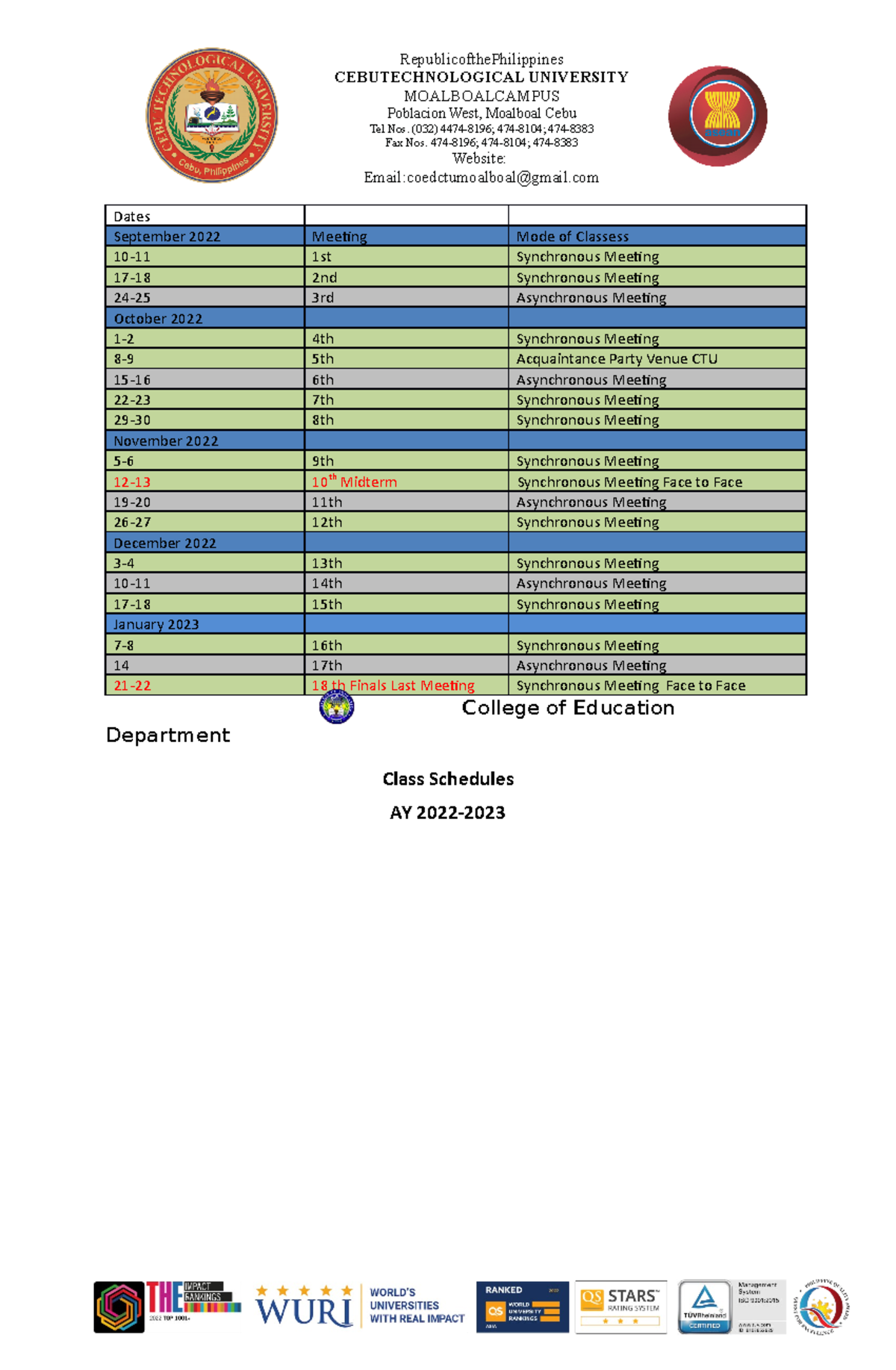 CPE Schedule of Classes 2022 23 - RepublicofthePhilippines