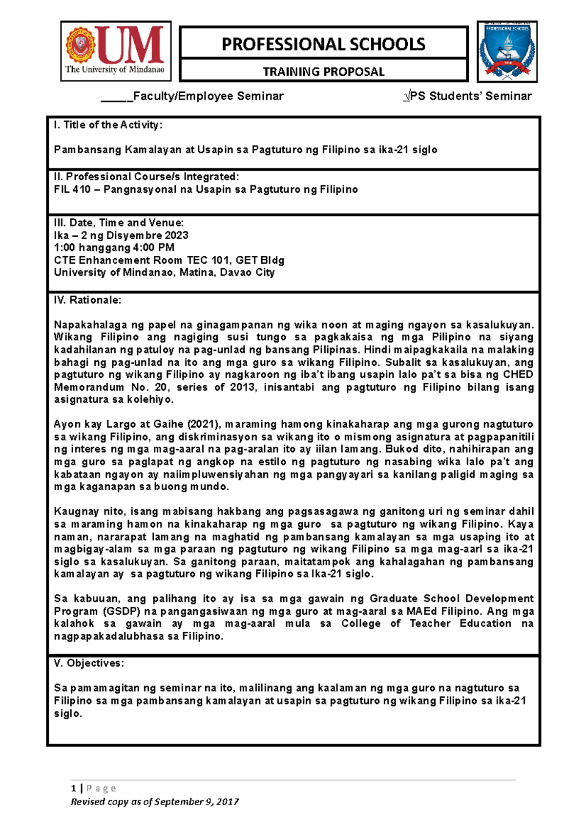 Sample Training Proposal - PROFESSIONAL SCHOOLS TRAINING PROPOSAL ...