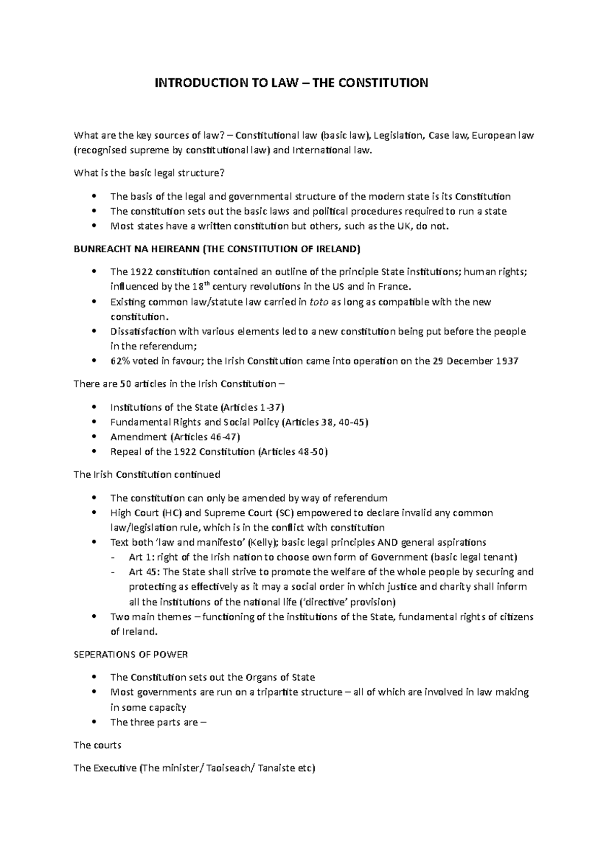 Introduction to Law Notes Summary of Irish Constitution