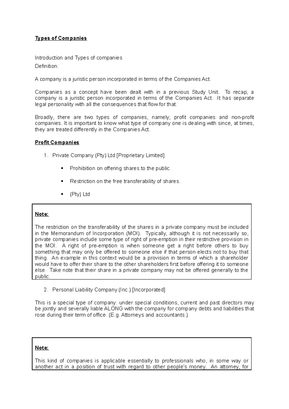2 Types of Companies Notes Types of Companies Introduction and