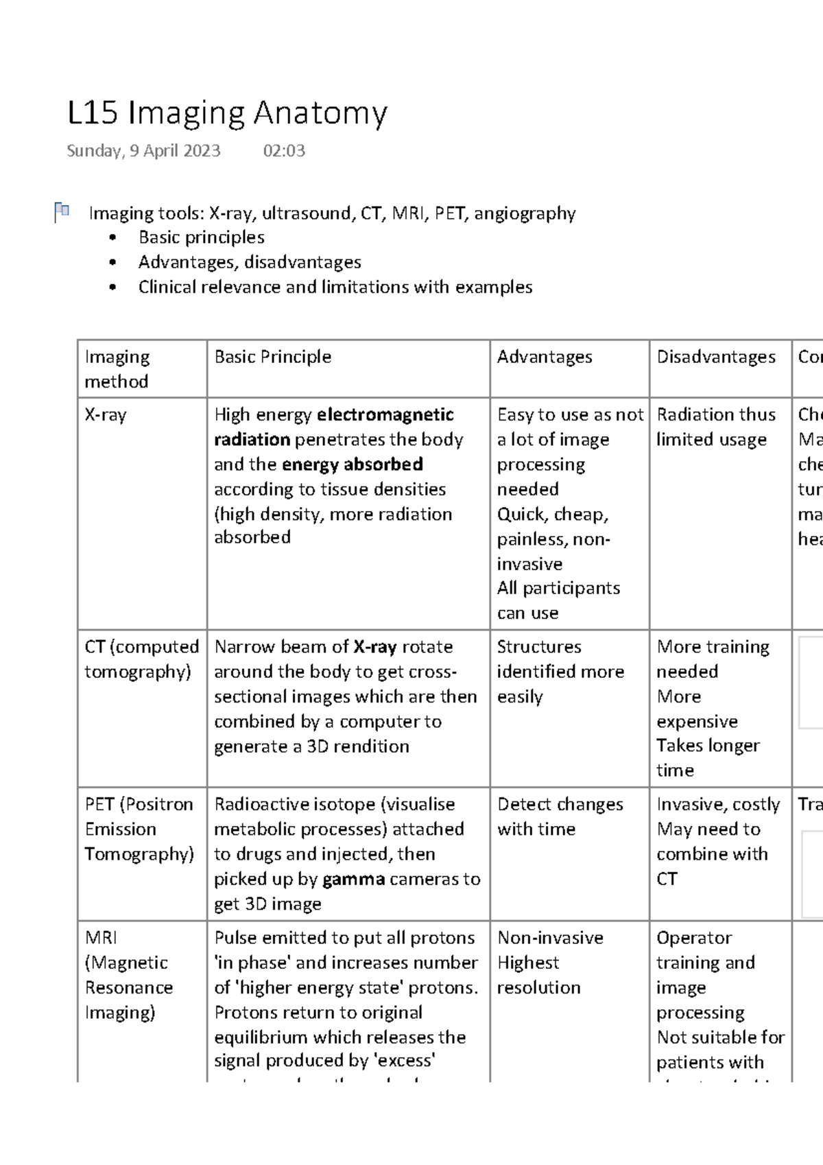 L15 Imaging Anatomy Imaging tools Xray, ultrasound, CT, MRI, PET