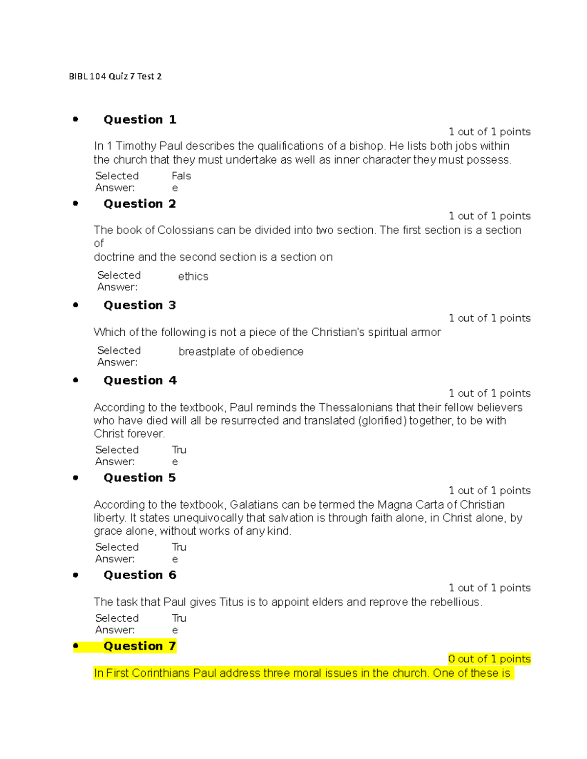 BIBL 104 Quiz 7 Test 2 - Questions and answers for Chapter 7 2nd ...