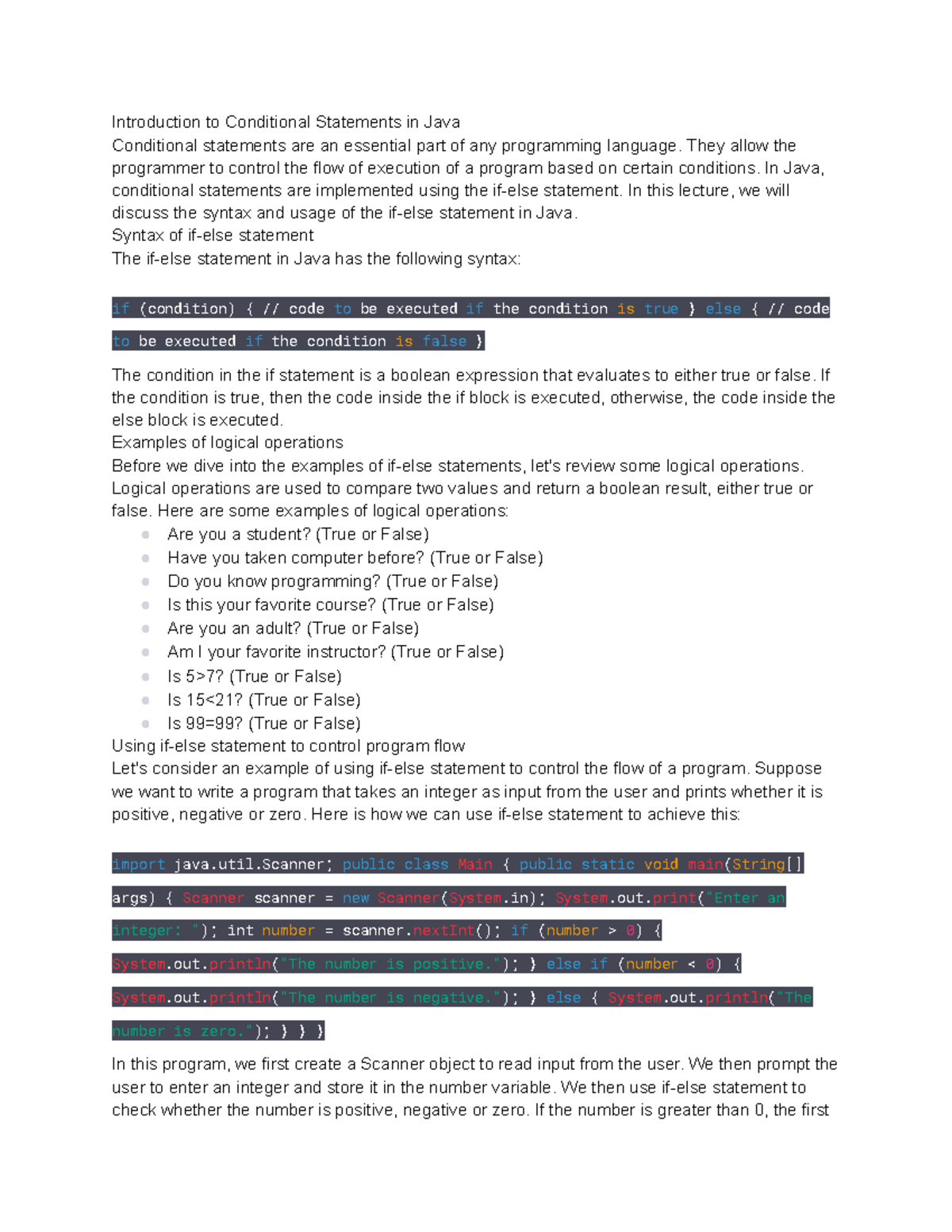 COM 101 lecture notes 9 - Introduction to Conditional Statements in ...