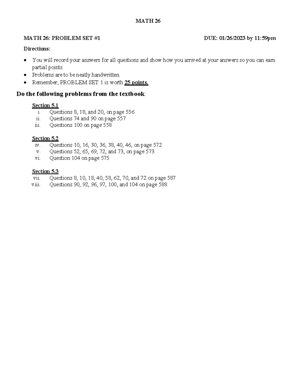 Problem Set 1 - MATH 26 MATH 26: PROBLEM SET #1 DUE: 01/26/2023 by 11 ...