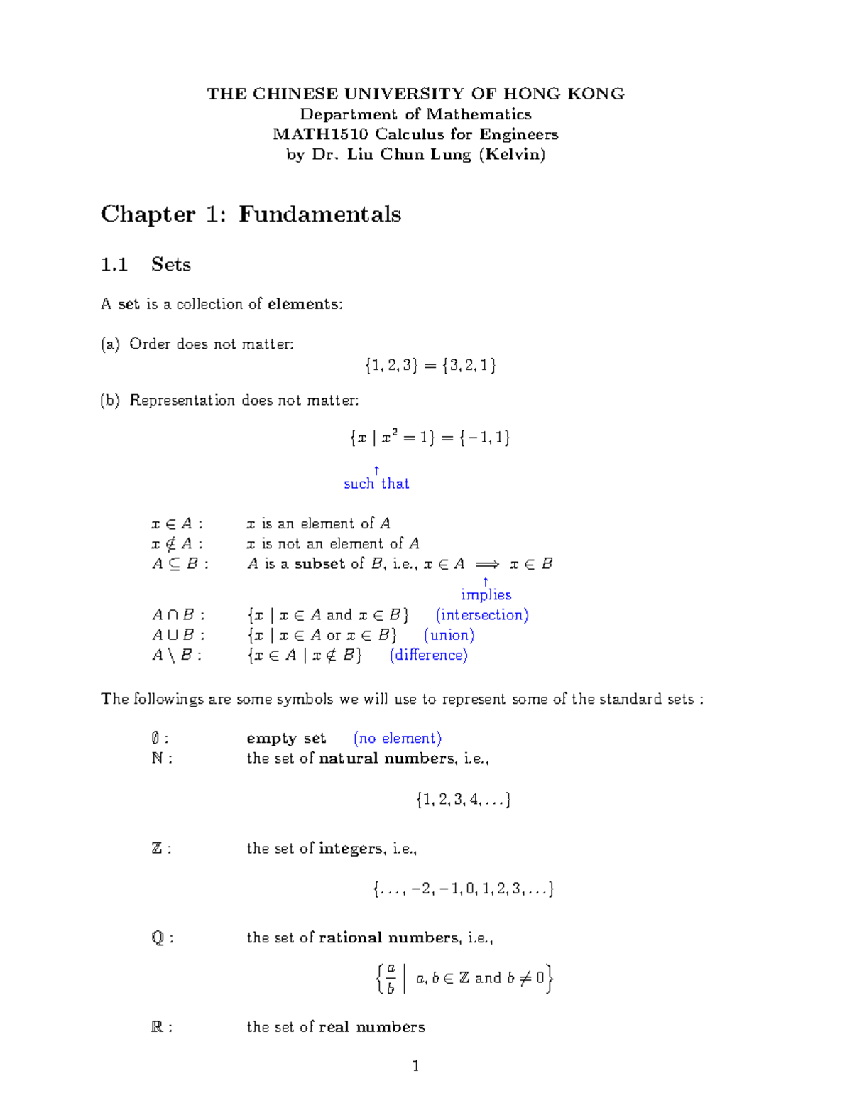 MATH1510 Chapter 1 - Lecture notes 1 - THE CHINESE UNIVERSITY OF HONG ...