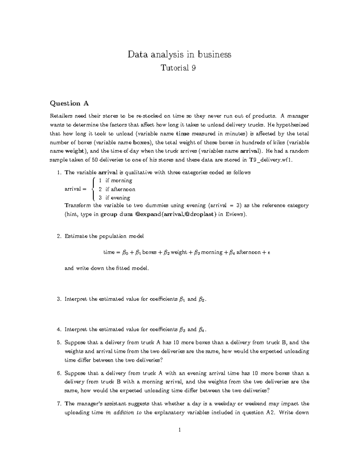 T9 - tutorial week 9 - Data analysis in business Tutorial 9 Question A ...