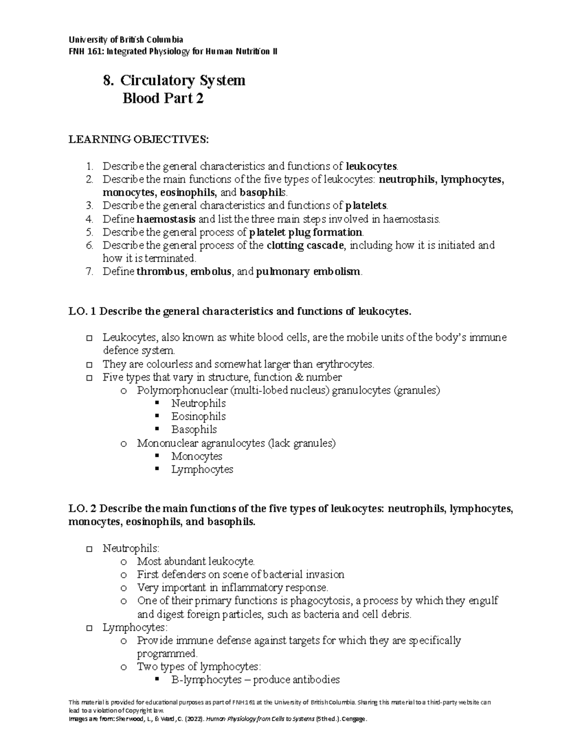 8. Blood Part 2 - note - University of British Columbia FNH 161 ...