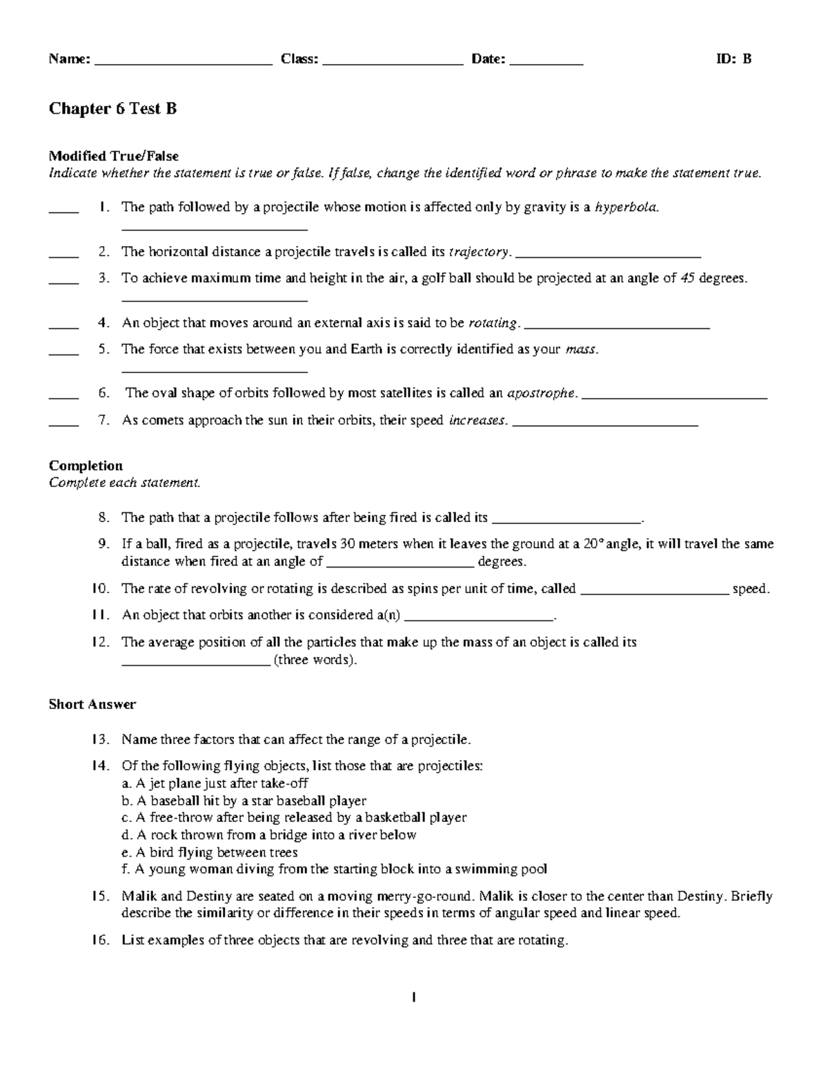 PFC2 CH 6 Test B - Physics Study guide for test Final test - Name