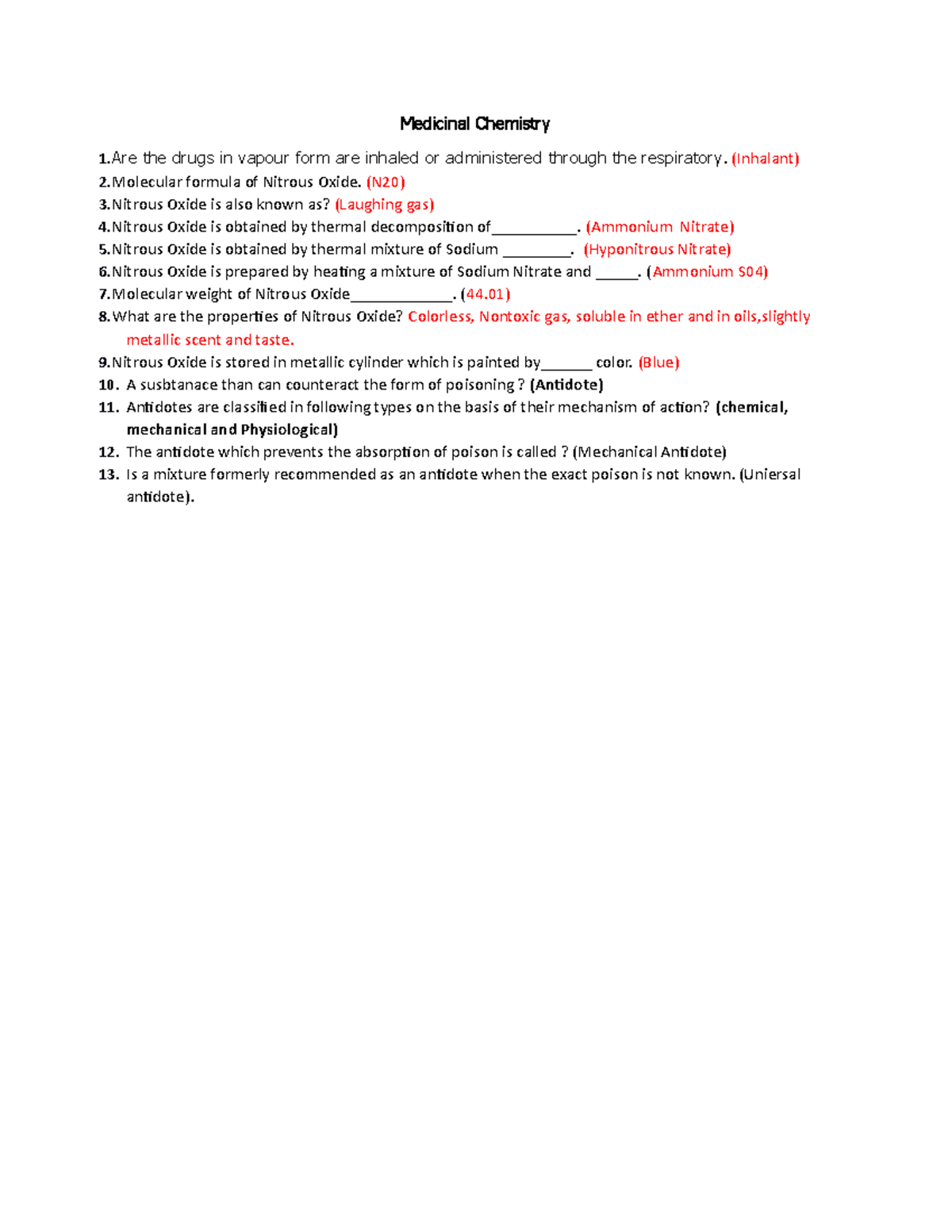 Medicinal Chemistry (Inhalant) 2 formula of Nitrous Oxide. (N20) 3
