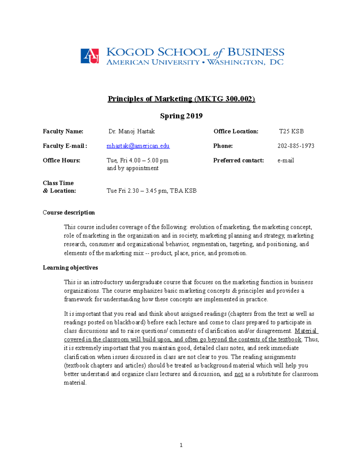 MKTG-300-002 Syllabus Spring 2019 Hastak - Principles Of Marketing ...