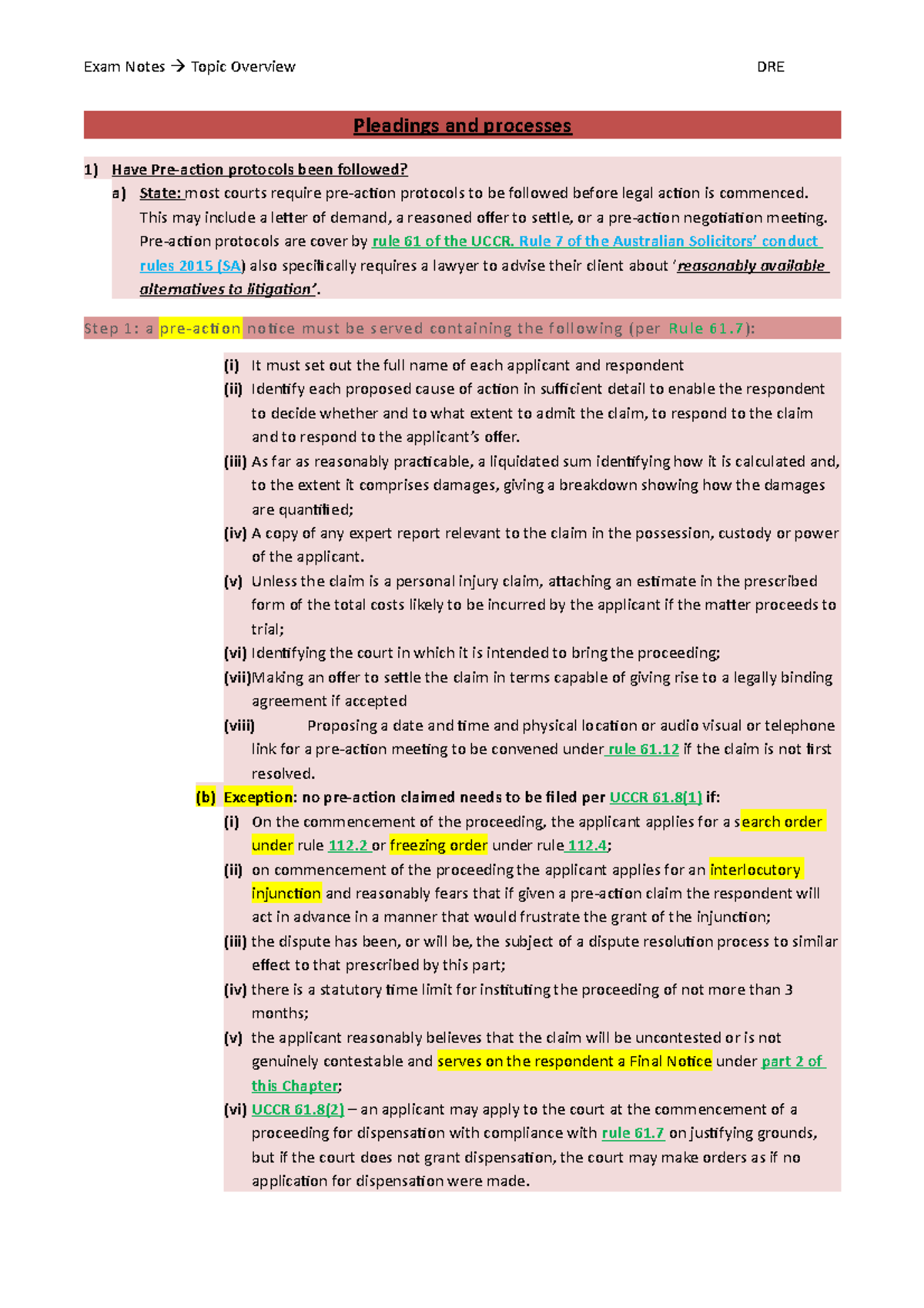 Expanded steps for DRE Exam Notes Pleadings and processes 1) Have