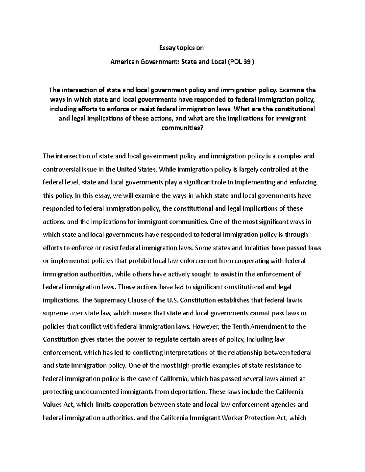 The Intersection of State and Local Government Policy and Immigration