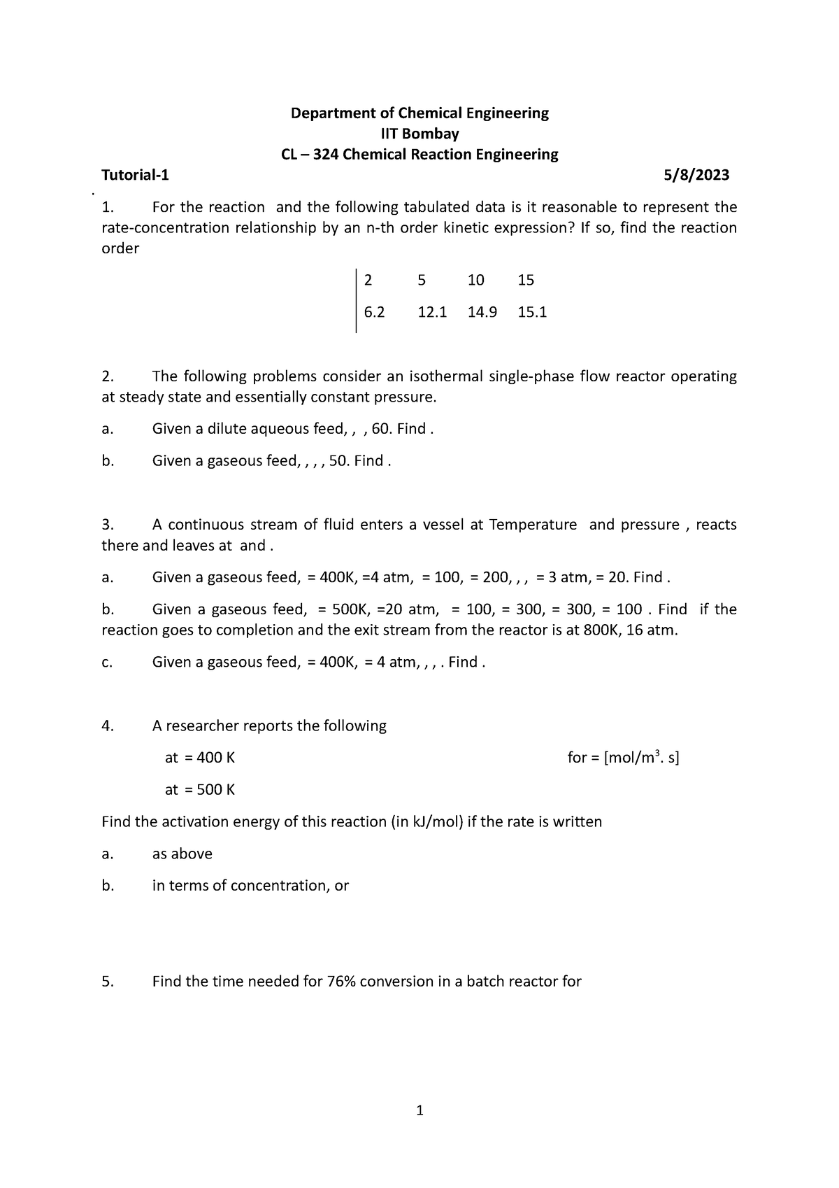 CL324 2023 Tutorial 1 - Department of Chemical Engineering IIT Bombay ...