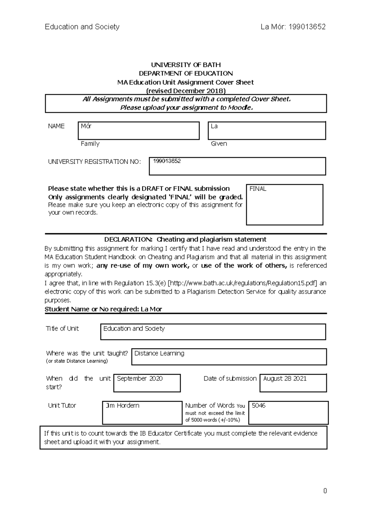 Education and Society - ED50304 La Mor 0920 - UNIVERSITY OF BATH ...