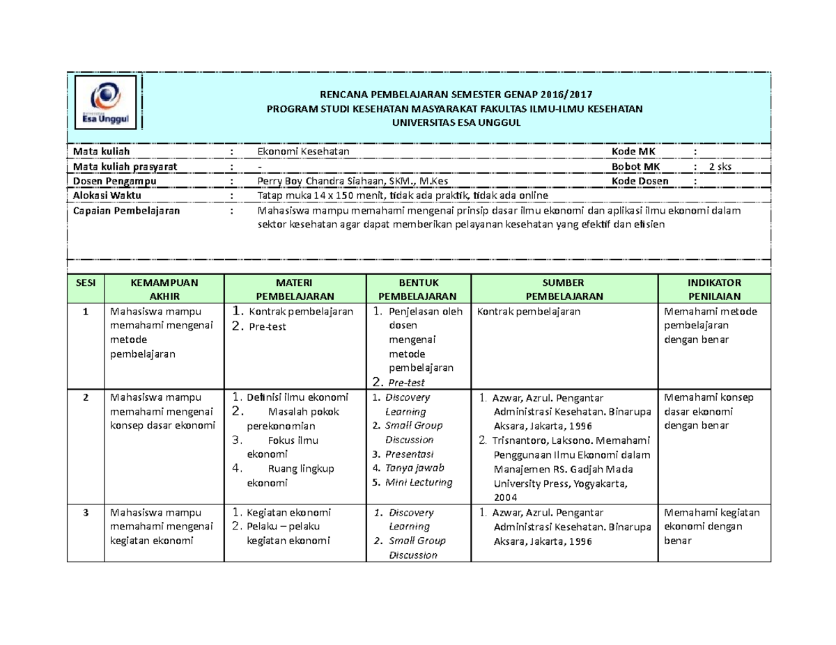 RPS Ekonomi Kesehatan - Good - RENCANA PEMBELAJARAN SEMESTER GENAP 2016 ...