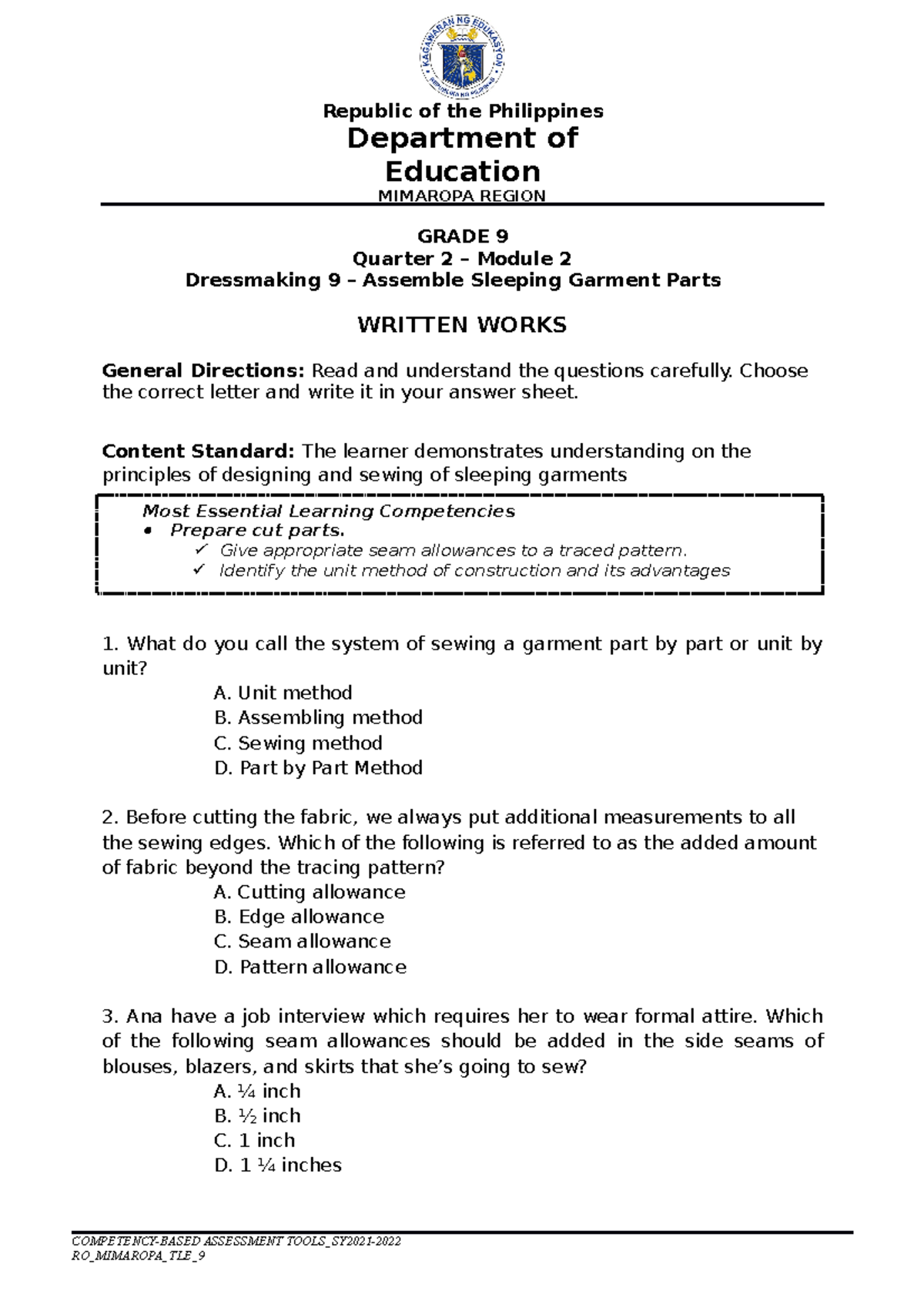 Grade 9 Assessment Q2-M2 - GRADE 9 Quarter 2 – Module 2 Dressmaking 9 ...