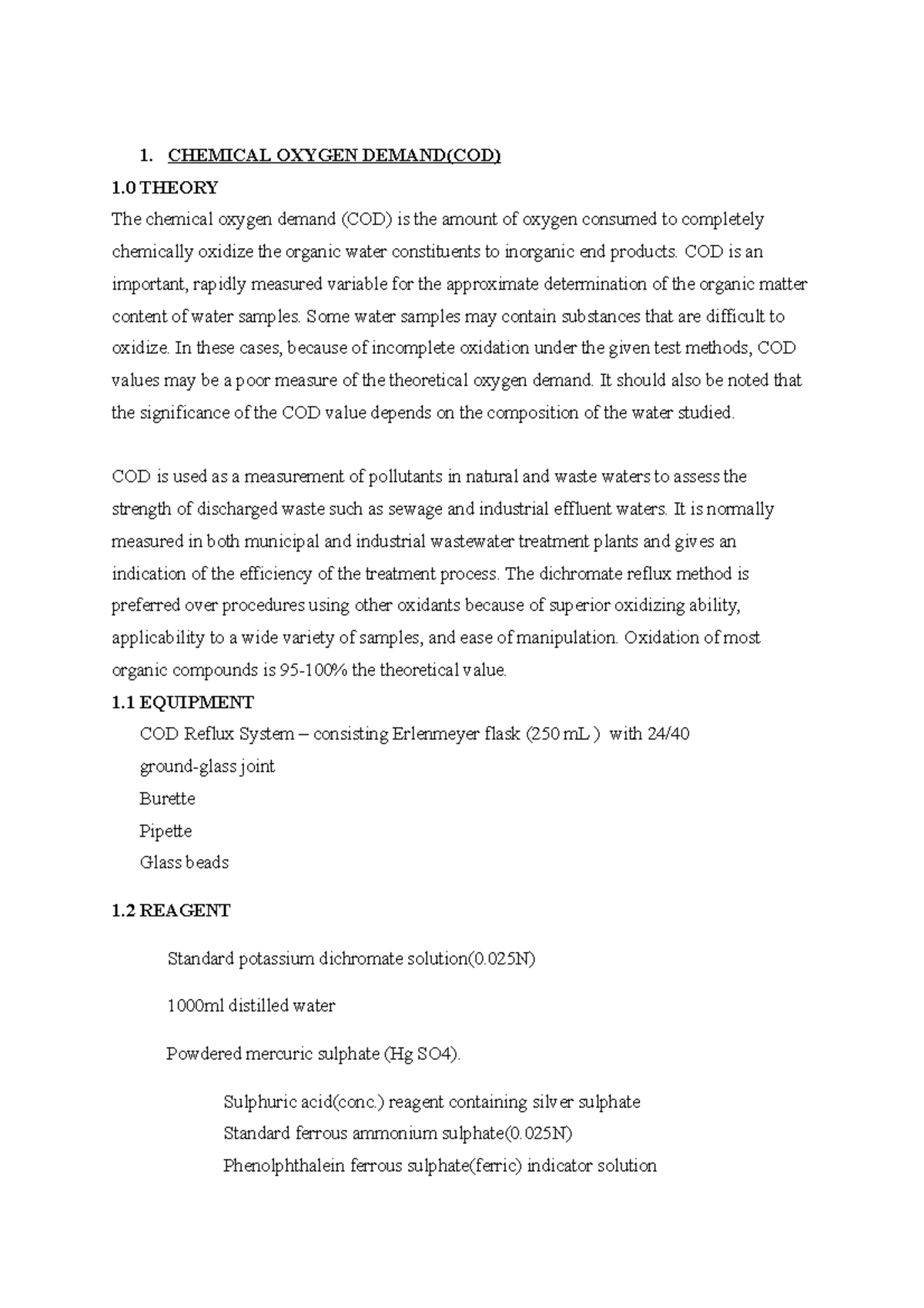 COD Lab Report full - Random assessments - 1. CHEMICAL OXYGEN DEMAND ...