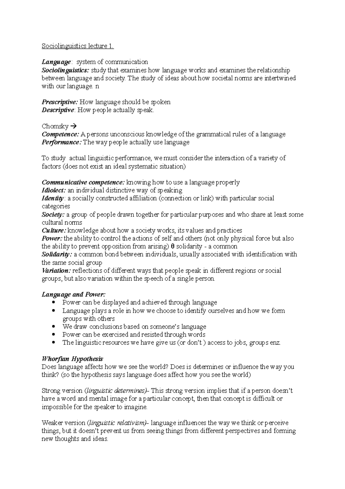 Sociolinguistics - lecture notes - Sociolinguistics lecture 1. Language ...