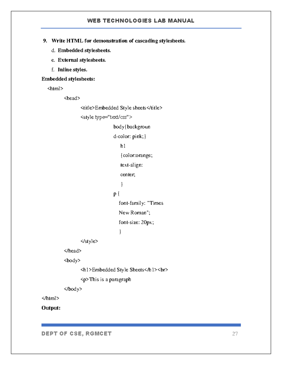 Write HTML for demonstration of cascading stylesheets d. Embedded