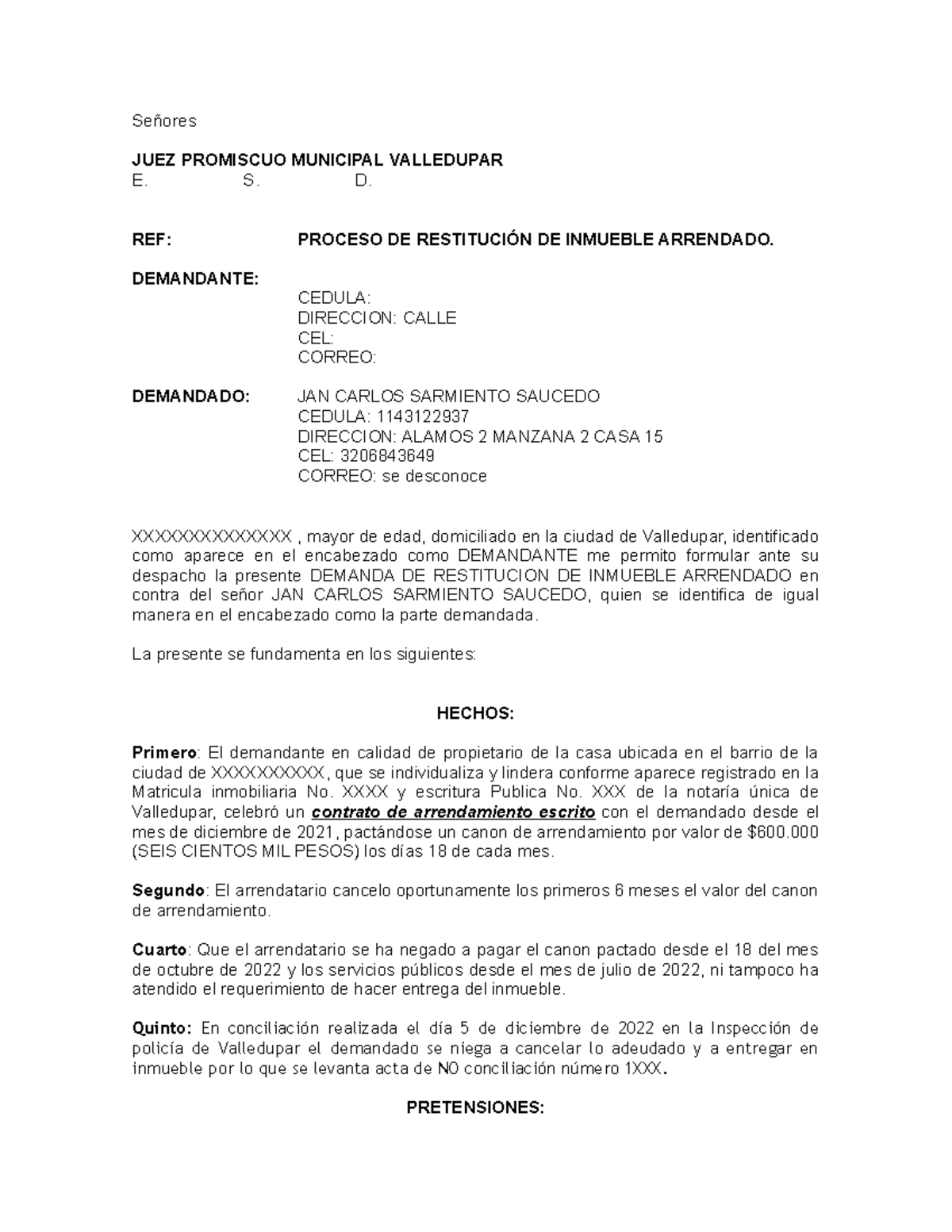 Modelo Demanda Restitución Inmueble Arrendado - Señores JUEZ PROMISCUO ...