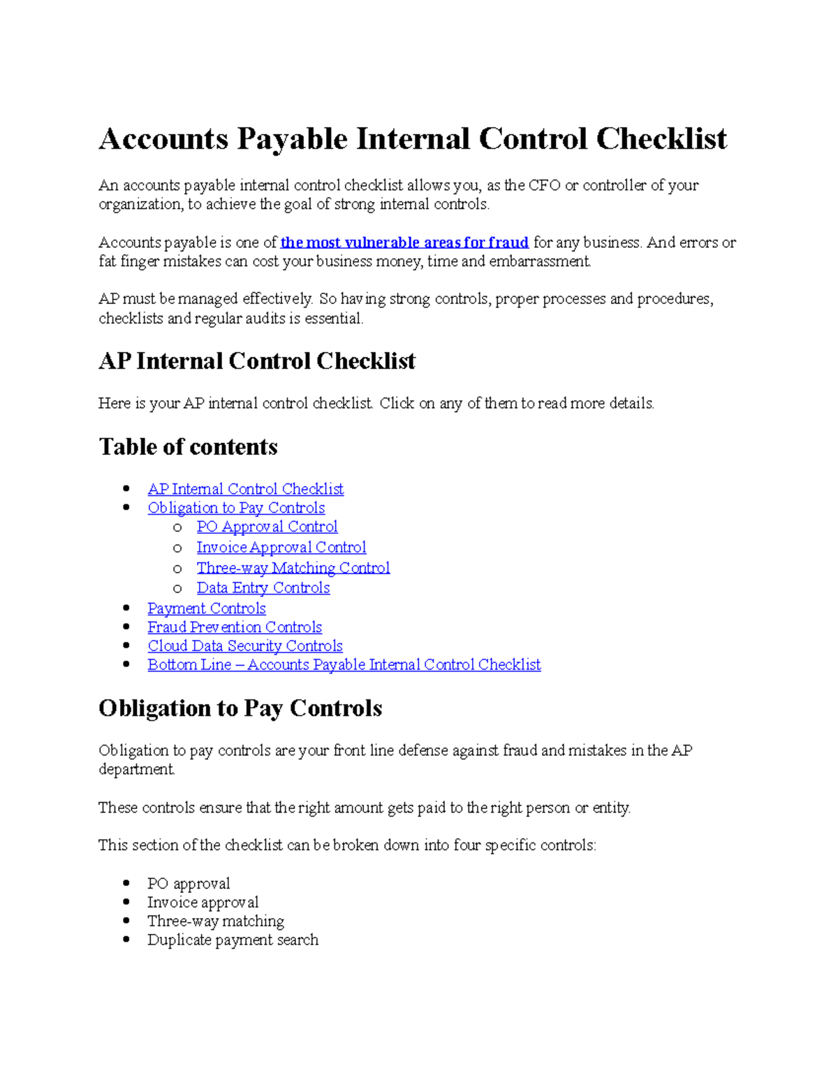 Accounts payable internal control checklist accounts payable is one