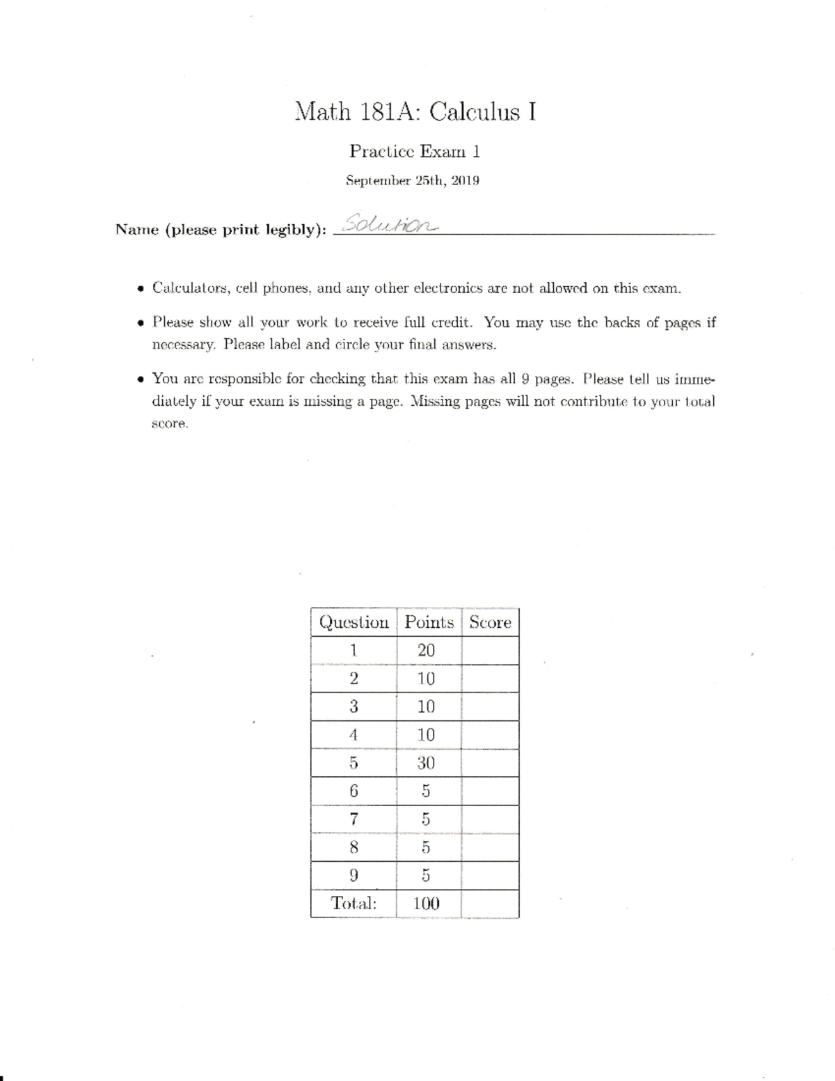 Practice Exam1 Solution - MATH 181A - Studocu