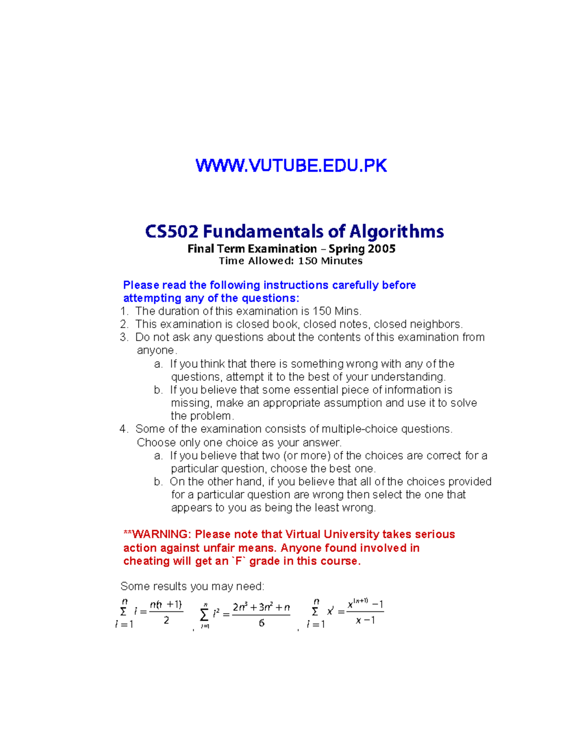 Final 29 August Spring 2011, Questions - CS502 Fundamentals Of ...