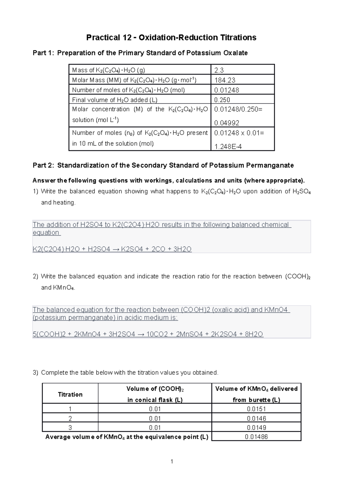 Practical 12 Write UP Practical 12 OxidationReduction Titrations