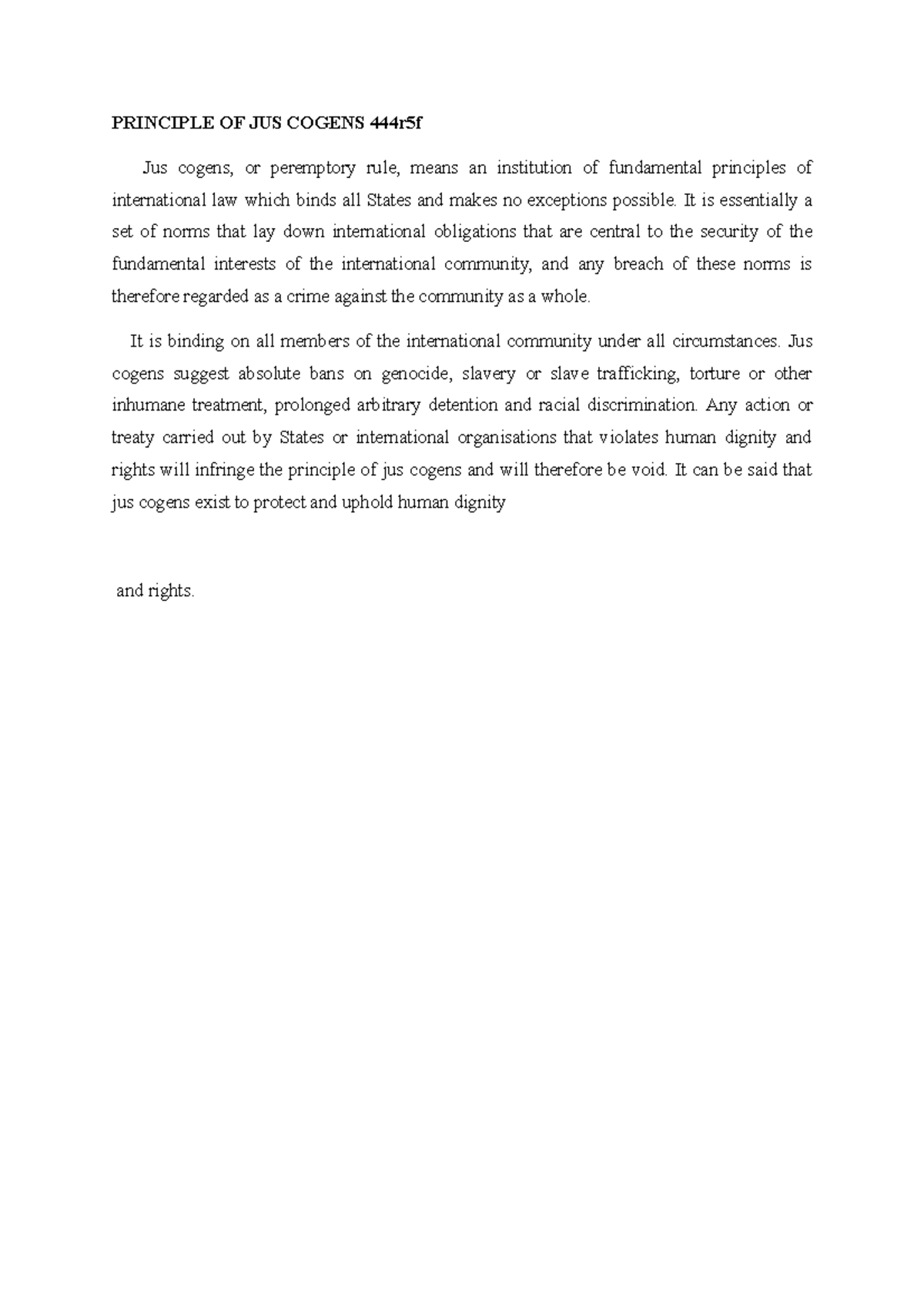 Principle OF JUS Cogens PRINCIPLE OF JUS COGENS 444r5f Jus cogens, or
