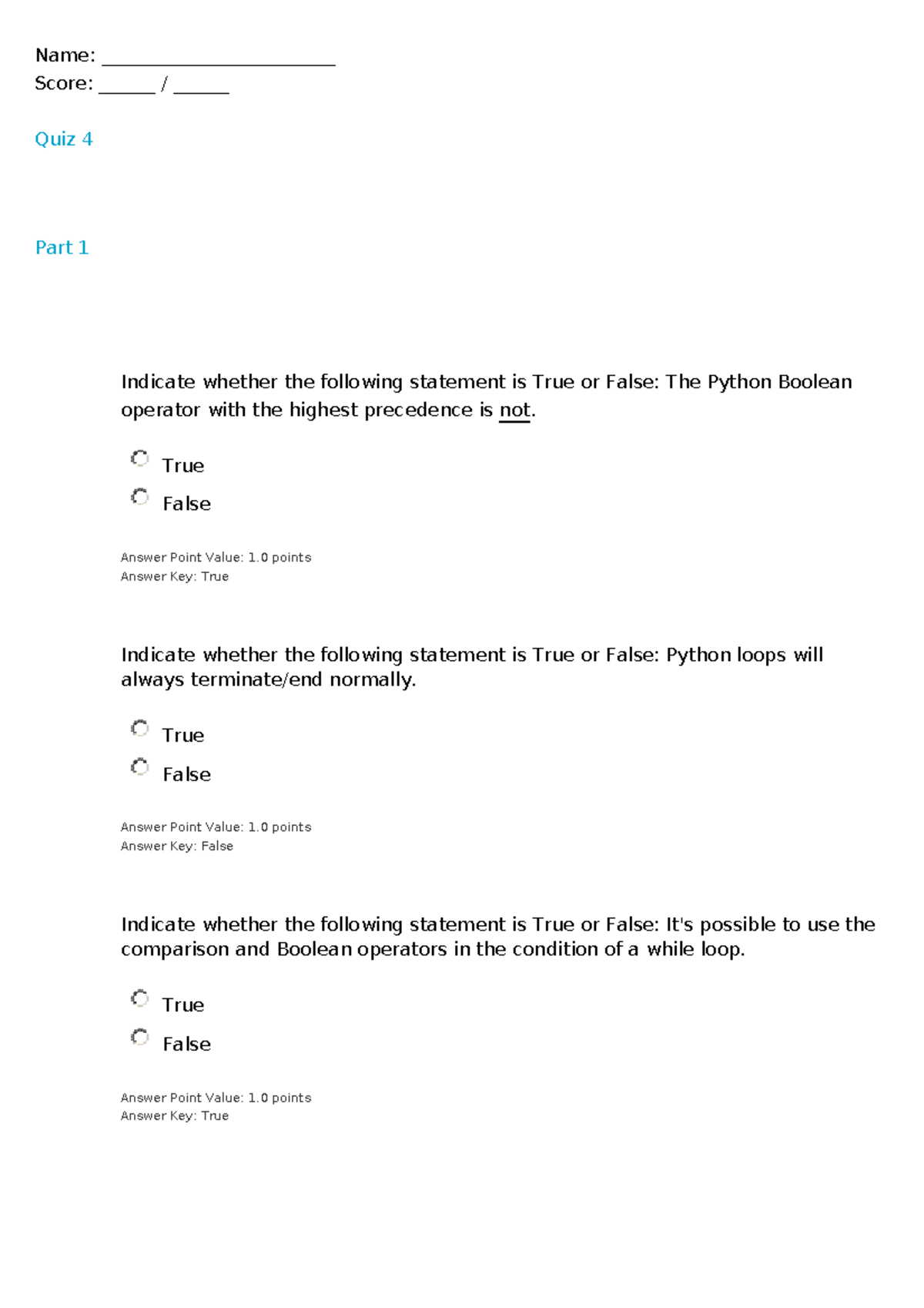 CSC1010H Quiz4 2021 Solutions - Name: _________________________ Score ...